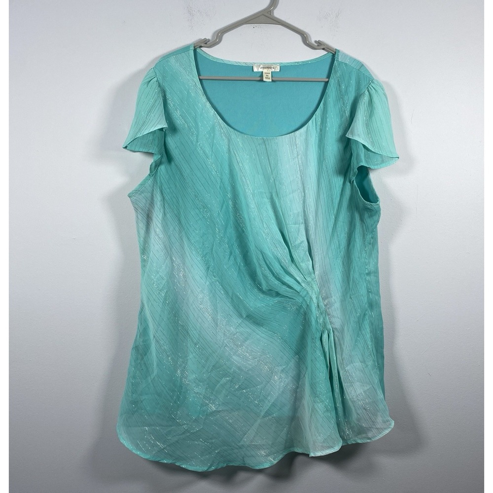 Dressbarn Blouse Woman 3X Teal Metallic Stripe Flutter Sleeve Side Drape Top - Picture 1 of 8